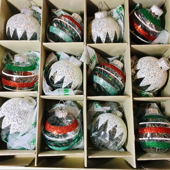 12 Christmas Radko Clear Glass Ball Ornaments Tinsel & Snow Glitter Stripes - Picture 7 of 9